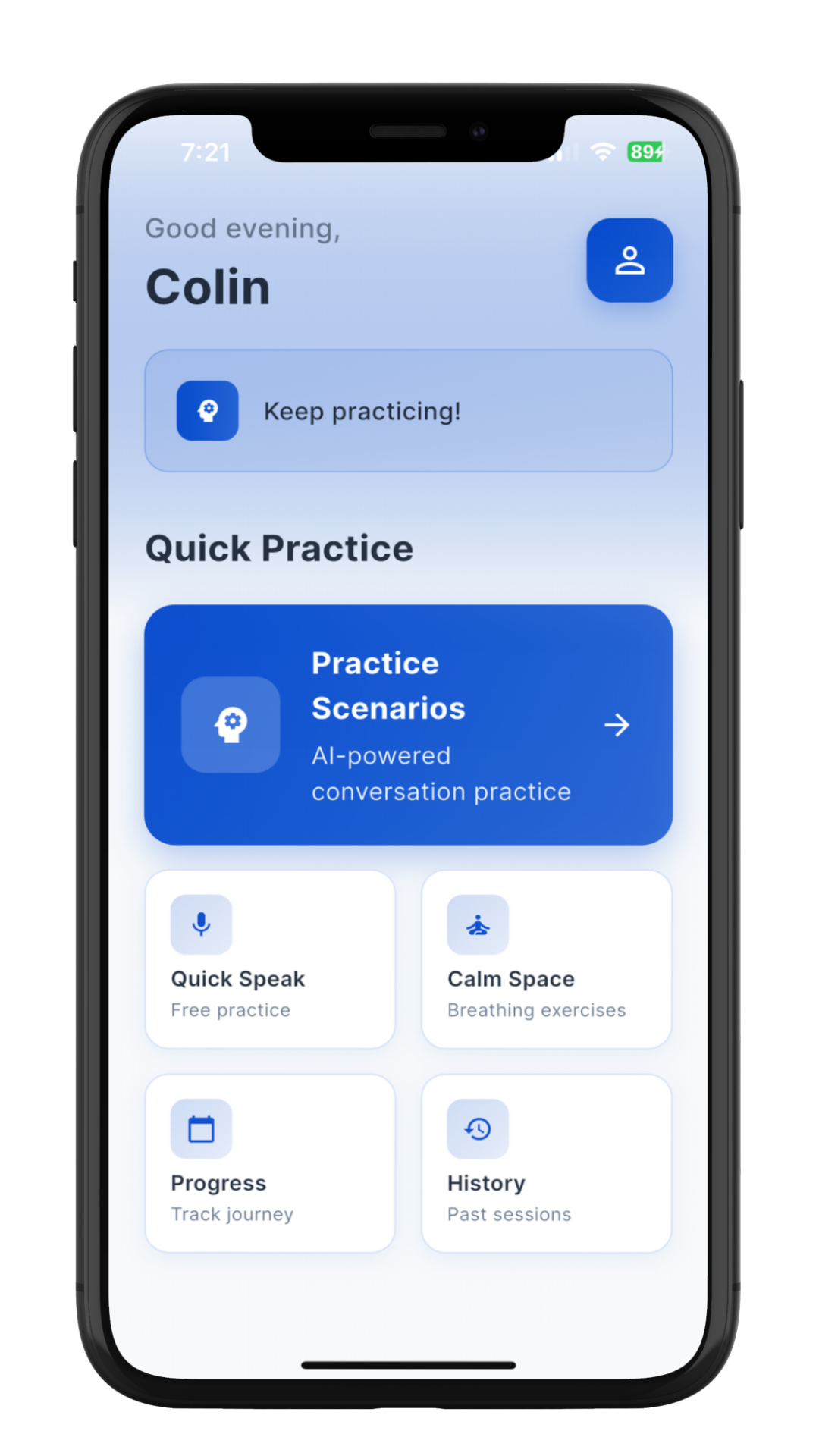 EaseTalk AI-powered speech practice app interface showing conversation scenarios and confidence tracking features